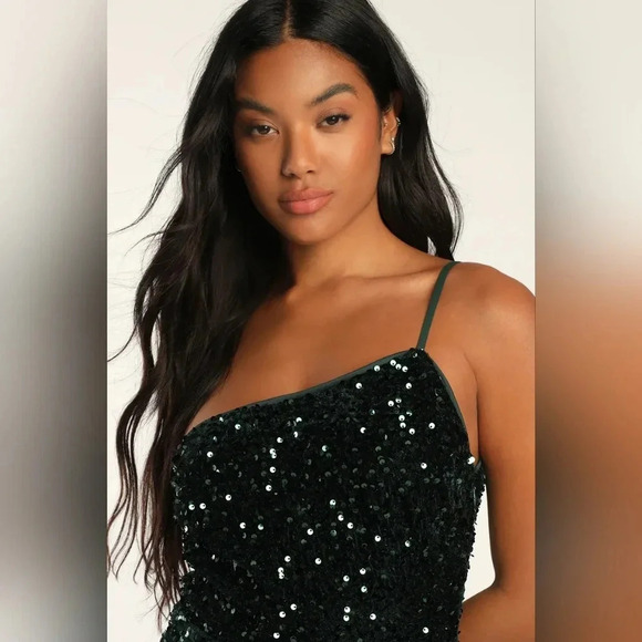 Lulus Won the Lottery Emerald Green Sequin One-Shoulder Maxi Dress M Wedding - Picture 4 of 11